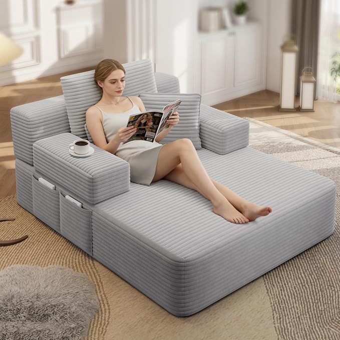 48.5" Oversized Chaise Lounge Chair Indoor, 3-in-1 Convertible Sleeper Sofa Bed, Plush Corduroy Boneless Chaise with 3 Pillows & Side Pockets, Adjustable Back/Armrest for Living Room - Light Grey