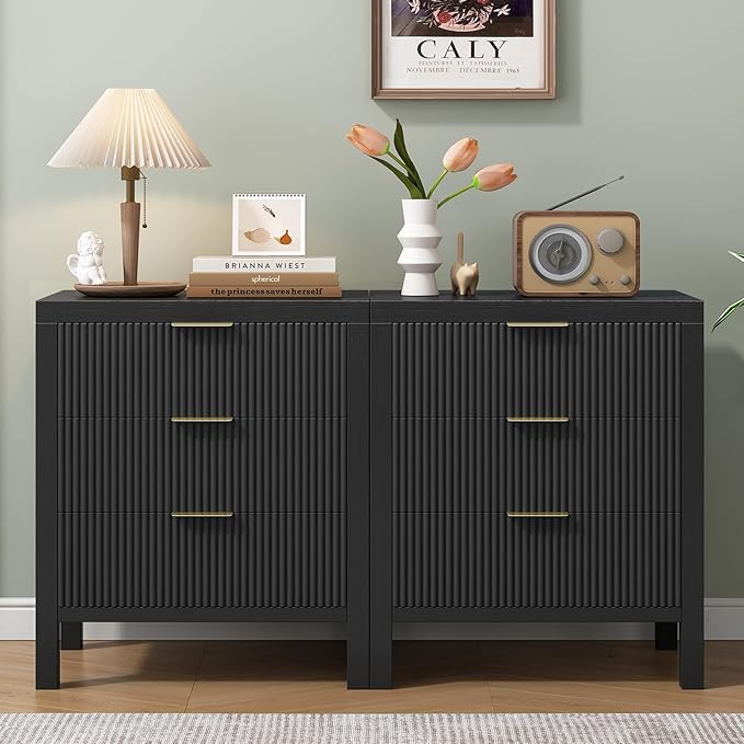 Nightstand Set of 2, Dresser and Nightstand Sets, Bedside Tables, Mid Century Nightstands with 6 Wide Drawers for Bedroom, Kids’ Room, Hallway, (Black X 2)