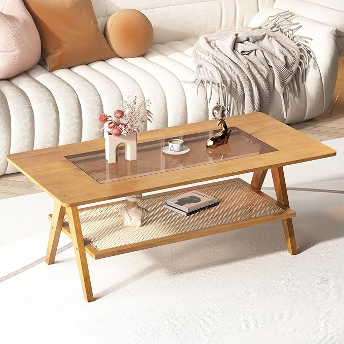 Mid Century Modern Coffee Table with Glass Top and Rattan Storage Shelf, Rectangular Natural Wooden Coffee Table, Unique Center Tables for Living Room Apartment Home, 47.2 Inch