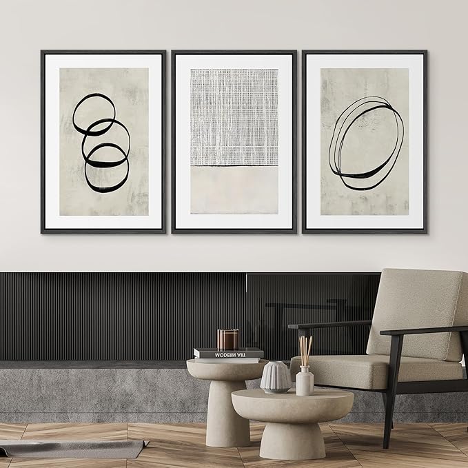 SIGNWIN Framed Canvas Print Wall Art Set Geometric Ring Grid Landscape Graffiti & Street Art Abstract Cozy Neutral Modern Art Decorative Nordic for Living Room, Bedroom, Office - 16"x24"x3 Black