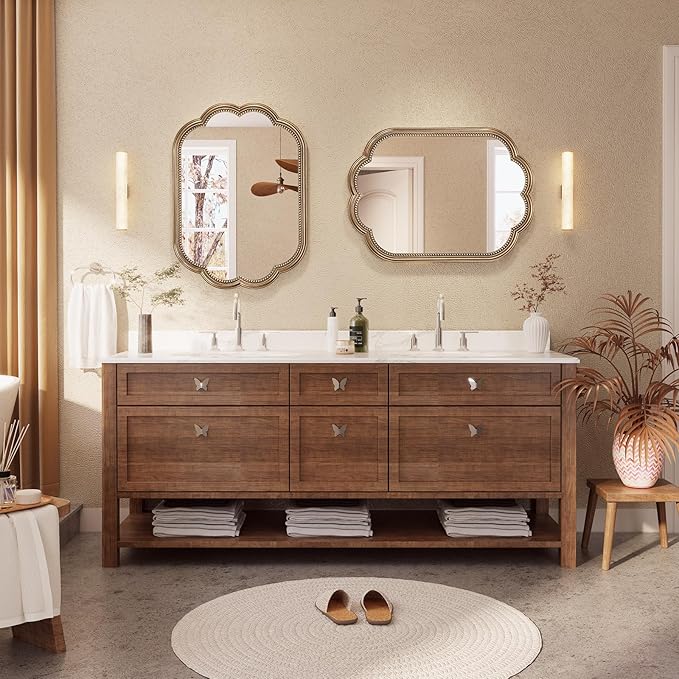 Scalloped Wall Mirror, 22" x 30" Gold Oval Mirror Beaded Frame Decorative, Antique Gold Mirrors Wooden Large Flower Mirrors for Over Sink, Bathroom, Bedroom, Living Room, Fireplace, Entryway