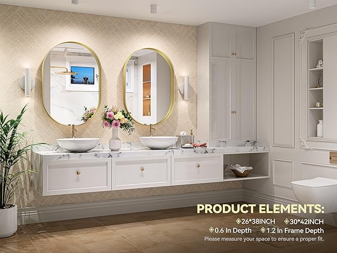 Brightify Gold Oval Mirror for Bathroom 26x38 Inch, Metal Framed Bathroom Vanity Mirrors, Modern Wall Mirror for Bedroom Living Room Wall Decorative Hang Vertical and Horizontal