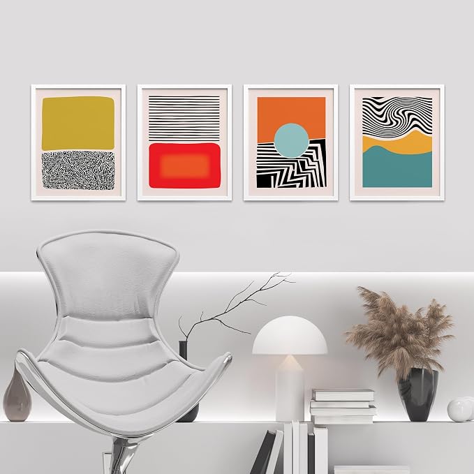 SIGNWIN Framed Mid-Century Modern 1980s Geometric Wall Art, Set of 4 Color Blocks Wall Decor Prints, Nature Wilderness Wall Décor for Living Room, Bedroom - 8"x10" White