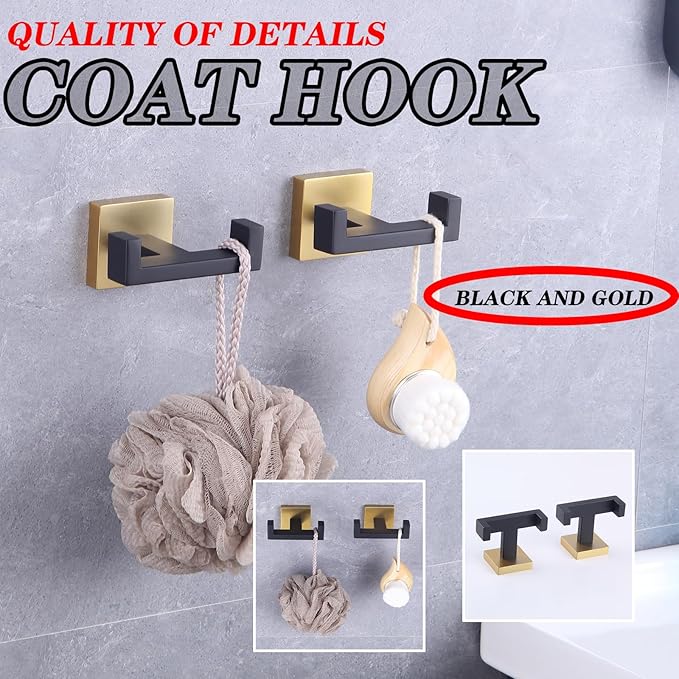 GERZWY Bathroom Hooks, Double Towel Robe/Coat Clothes Hook Stainless Steel Hanger Wall Hooks Heavy Duty for Bath Wall Mounted 2 Pack (Black & Gold) AG1417B-BD