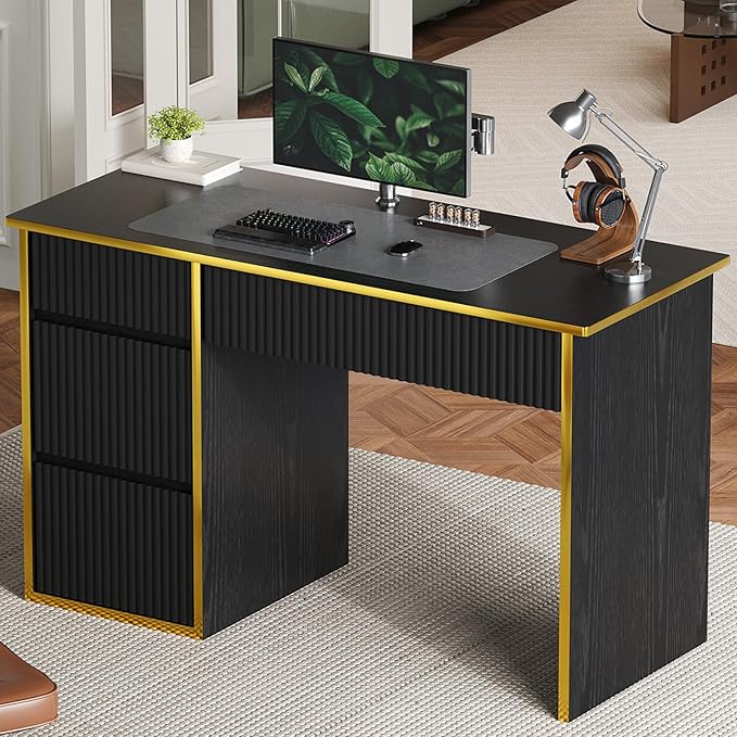 4 EVER WINNER Computer Desk with Drawers, 47'' Fluted Small Desk for Bedroom, Wood Office Desk with File Drawers for Study, Living Room, Black and Gold