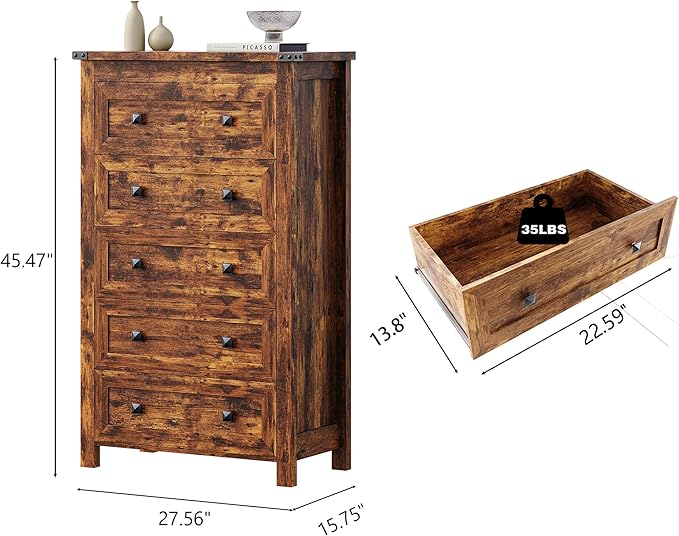 Brown Dresser Tall 5 Drawer Dresser for Bedroom, Wooden Dressers & Chests of Drawers with Metal Handles, Modern Storage Cabinet and Organizer Drawers for Living Room, Hallway