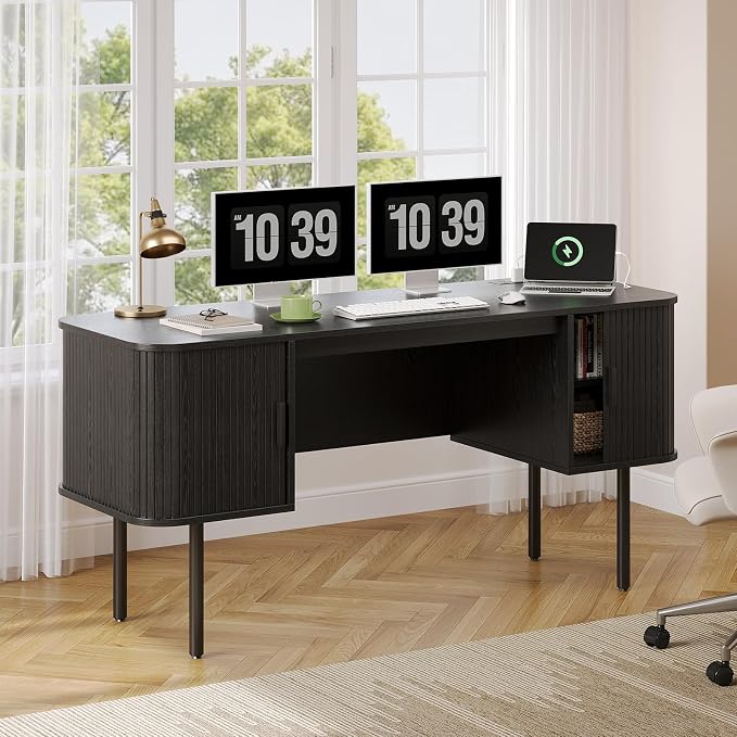 ONBRILL 63 Inch Fluted Computer Desk with Charging Station, Mid Century Executive Desk with 2 Storage Cabinets, Modern Home Office Large Desk with Metal Legs for Working, Studying, Writing, Black