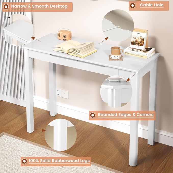 Solid Wooden Desk with Drawers - 39 x 16 Inch Simple Narrow Desks, Rubber Wood Study Table, Small Writing Desk for Bedroom|Small Spaces - White Modern Desks