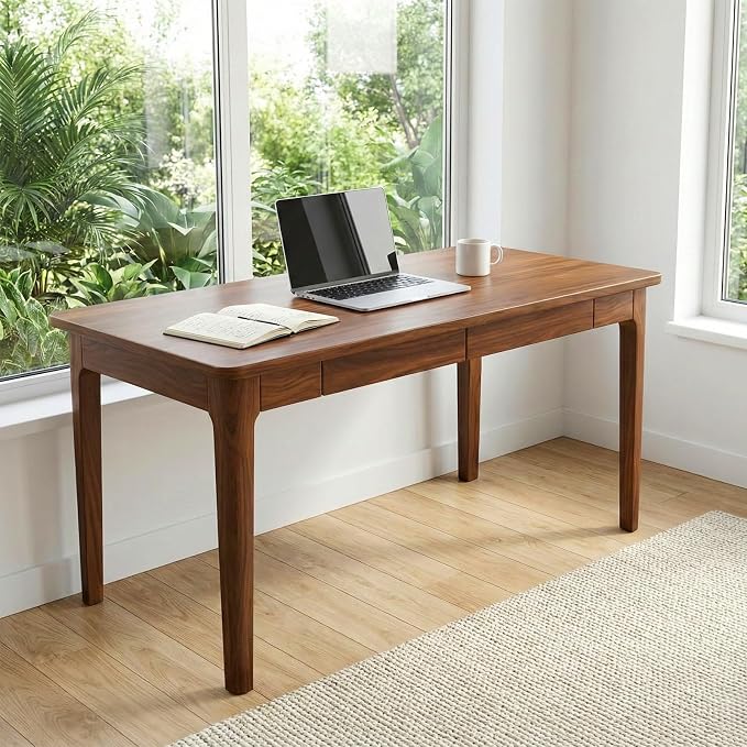 Mid Century Modern Desk with Drawers,47.2 inch Solid Wood Writing Desk for Home Office Bedroom,Small Computer Desk for Spaces Easy Assembly Walnut