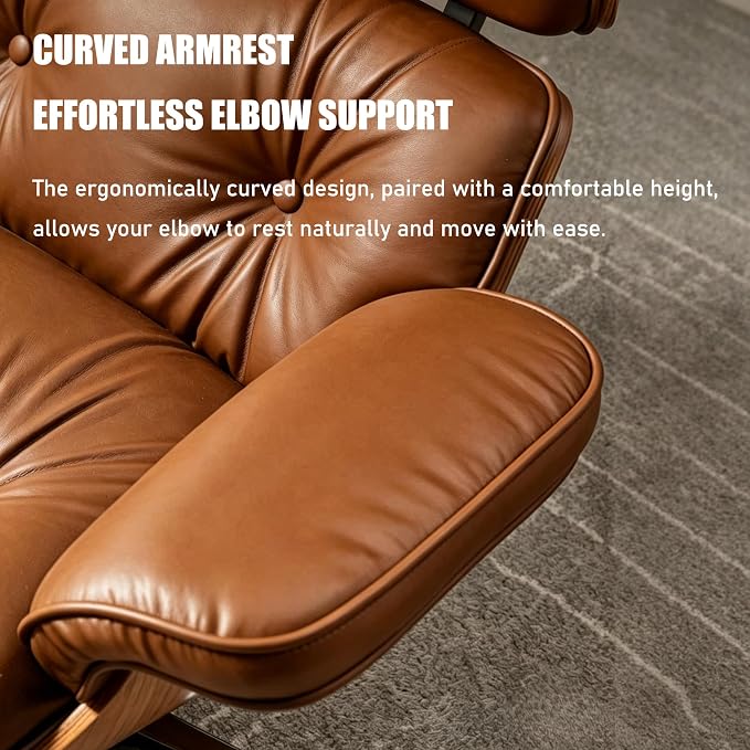Mid Century Chaise Lounge Chair with Ottoman, Modern Retro Classic Design, PU Leather & Walnut Wood, Heavy Duty Metal Support, Comfortable for Living Room Bedroom Office（Brown-Premium）