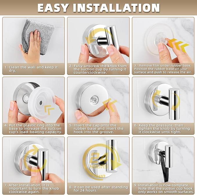 Suction Cup Hooks for Shower - Bathroom Reusable Hooks for Towels, Robes & Loofah - No-Drill Mounting on Kitchen,Walls,Metal,Glass,Mirrors,Tile & Smooth Non-Porous Surfaces (4, Chrome Polished)