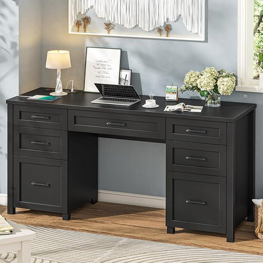 Farmhouse 61'' Executive Desk with 5 Drawers, Rustic Office Desk Computer Desk with Charging Station, File Drawers and Storage Cabinet, Wood Workstation for Home Office and Study,Pure Black