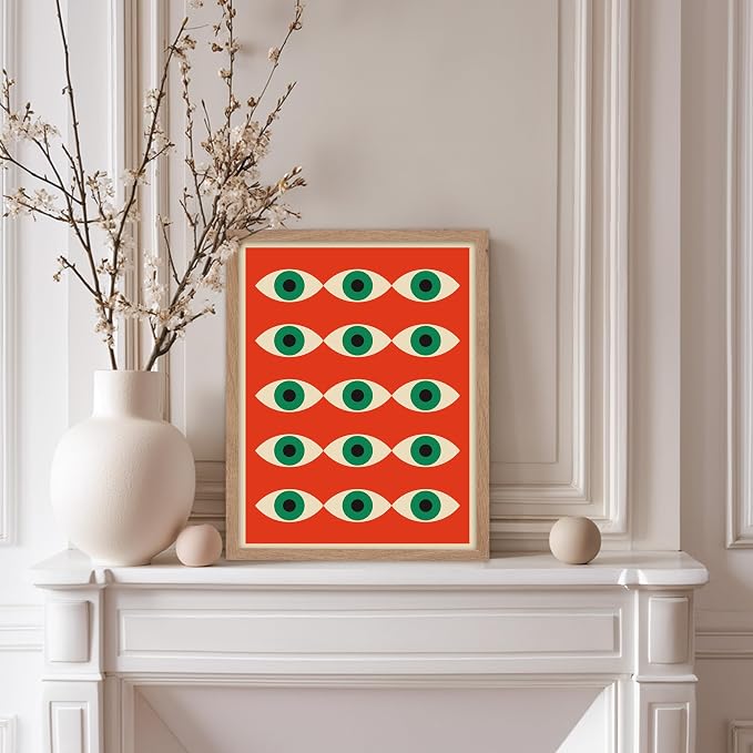Poster Master Bauhaus Poster - Red Evil Eye Print - Graphic Design Art - Eye Art - Geometric Art - Chic Boho Art - Mid Century Modern Art - Living Room or Bedroom Wall Decor - 11x14 Beige Framed