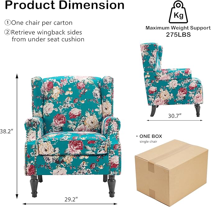 Wingback Chair, High Back Floral Accent Chair in Fabric, Comfy Upholstered Armchair with Nailhead Trim for Living Room, Single Sofa Reading Chair for Small Spaces, Bedroom-Peacock Blue