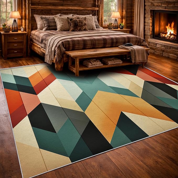 Mid Century Modern Area Rug 5x5, Washable Non-Slip Low Pile Abstract Geometric Carpet for Living Room Bedroom Home Office, Retro Contemporary Accent Rug in Teal Orange Cream Black