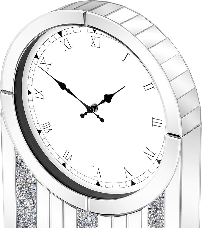 SHYFOY Luxury Mirrored Table Clock, 21.7 Inch Desk Clock with Crystal Accents, Silent Non-Ticking Decorative Desk Clock, Battery Operated, Elegant Living Room, Bedroom, Office Decor