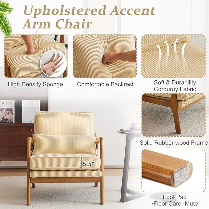 VINGLI Upgraded Premium Corduroy Accent Chairs Set of 2,Upholstered Arm Chair,Solid Wood Comfy Reading Chair with Lumbar Pillow, Mid Century Modern Chairs for Living Room,Bedroom,Dark Beige