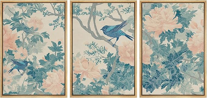 wall26 Framed Print Wall Art Set Elegant Blue Bird and Peony Floral Pattern Decorative Minimal Relax/Zen for Living Room, Bedroom, Office - 24"x36"x3 NATURAL
