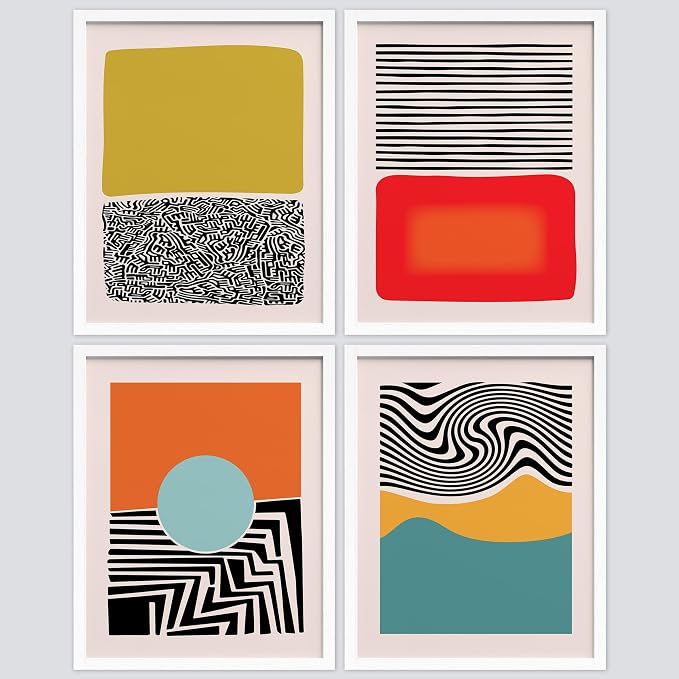 SIGNWIN Framed Mid-Century Modern 1980s Geometric Wall Art, Set of 4 Color Blocks Wall Decor Prints, Nature Wilderness Wall Décor for Living Room, Bedroom - 12"x16" White