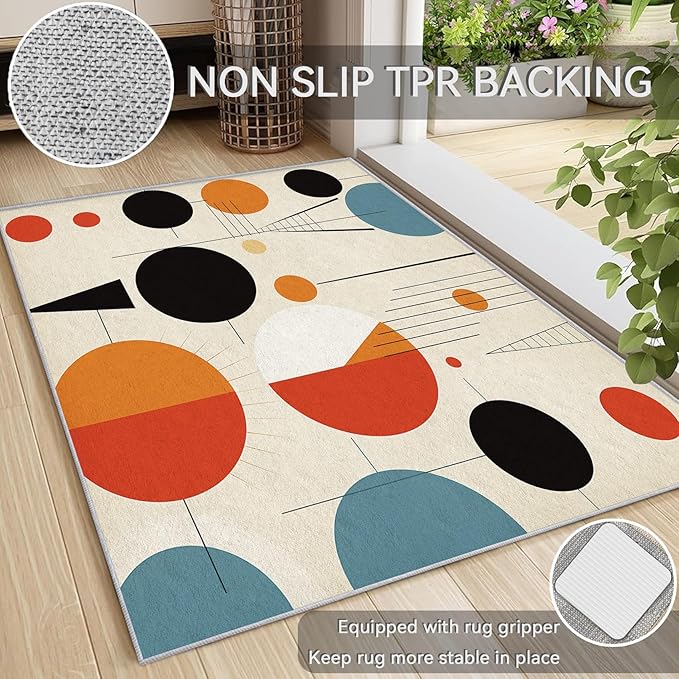 50s Rugs for Living Room 7x7, Retro Mid Century Modern Geometric Abstract Pattern Design Area Rug, 50s Bedroom Decor Carpet, Non Slip, Washable (RG518)