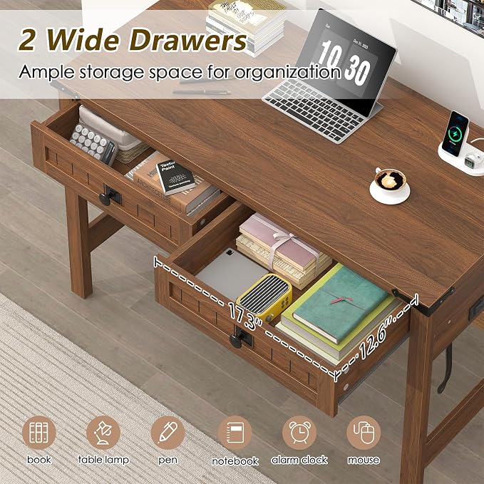 YOMILUVE Farmhouse Computer Desk with 2 Drawers, 39 Inch Small Office Computer Desk with Power Outlets, Compact Writing Study Vanity Desk for Small Spaces, Brown