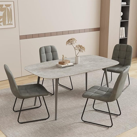 55.1'' Modern Dining Table Set for 4, Gray Wood Table with 4 Faux Leather Chairs, Kitchen & Dining Room Furniture Set, Space-Saving Table and Chairs for Apartment, Home, Small Spaces