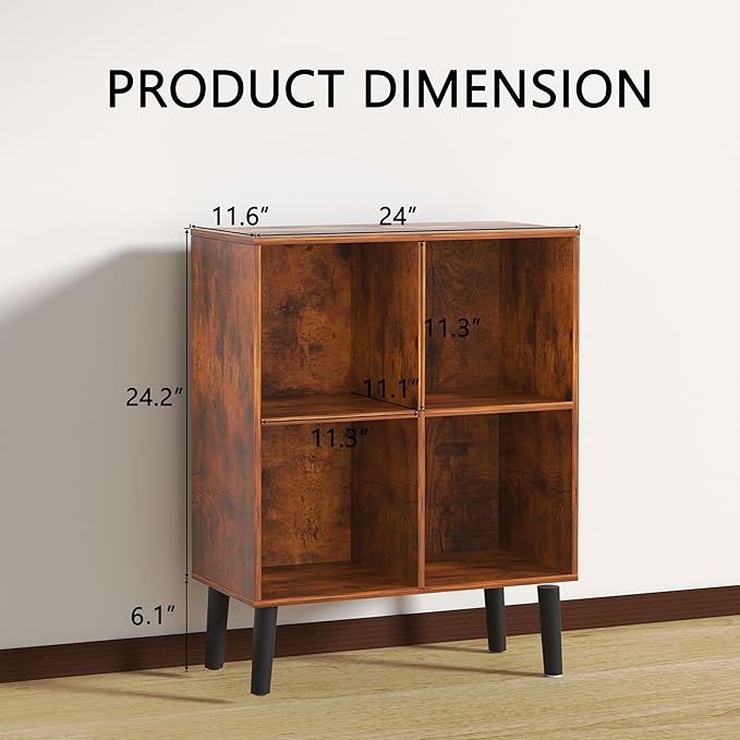 4 Cube Storage Organizer with Legs, 2 Tier Cube Low Bookcase Freestanding Storage Display Organizer for Home Office, Four-Cubes Open Shelf Bookshelf (Retro Brown, 4 Cube)