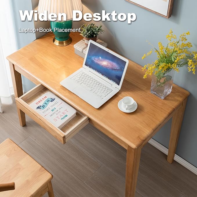 Solid Wood Desk with Drawer, Wooden Home Office Desk for Work, Student Computer Desk for Small Spaces, Gaming Study PC Desk for Bedroom, Easy to Assemble (Teak Color 47 inch)