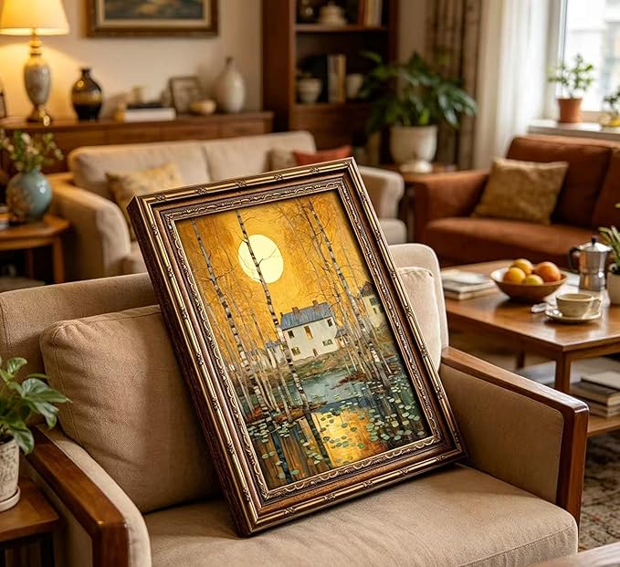 Vintage Gold Framed Minimalist Moon Canvas Wall Art，Retro Celestial Neutral Tone Textured Poster Artwork，Warm Tone Bohemian Wall Decor，for Bedroom Living Room Office，12x16in