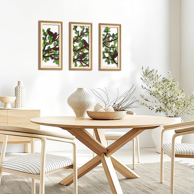 IARTTOP 3 Pcs Nature Silhouette Wall Art Set Green Leaf Botanical Wall Decor Bird on Branch Art Prints Rustic Farmhouse Wood-Look Art Decor for Living Room Bedroom Office 8x16 Inch