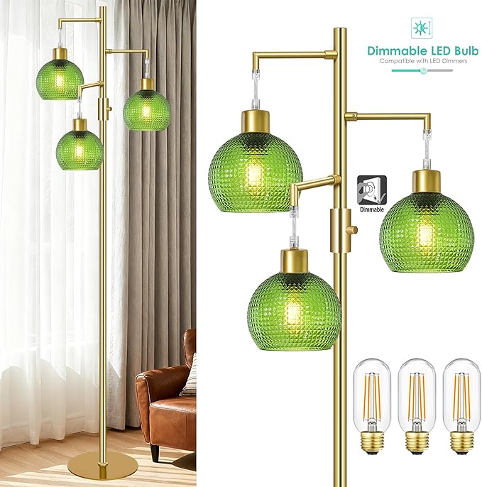 Modern Floor Lamp with Shade, Dimmable Standing Lamp for Living Room, 3 Lights Tree Lamp with Green Glass Shade, Tall Lamps for Bedroom with 3 x 600LM Bulb