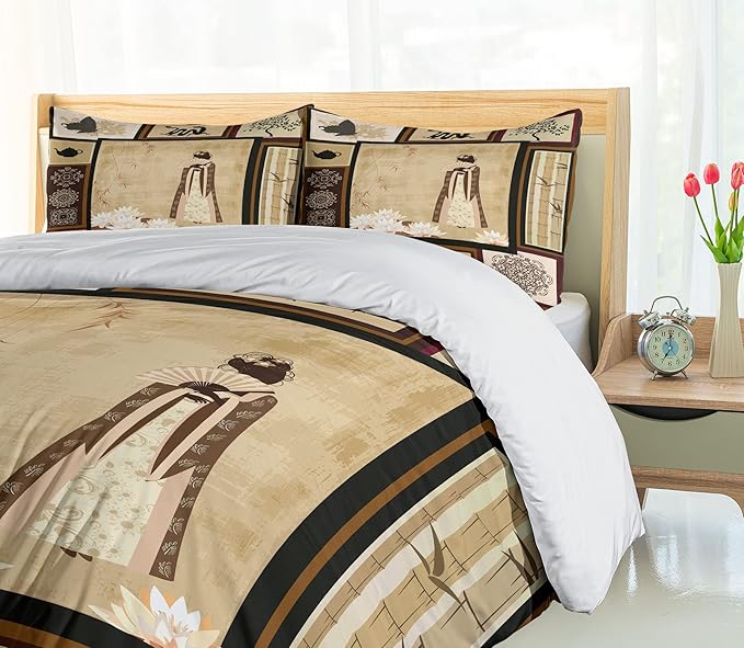 Ambesonne Japanese Duvet Cover Set, Girl in Traditional Dress and Cultural Patterns Ornaments Antique Eastern Collage, Decorative 3 Piece Bedding Set with 2 Pillow Shams, California King, Brown Cream