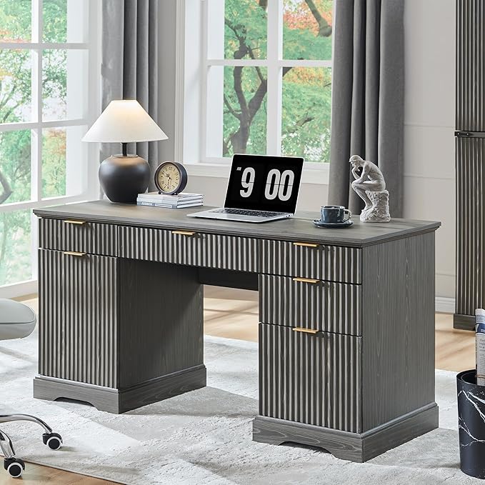JXQTLINGMU 58" Modern Executive Desk with Storage, Wood Home Office Desk with Drawer & Cabinet, Fluted Computer Writing Desk for Study, Living Room, Bedroom, Grayish Green