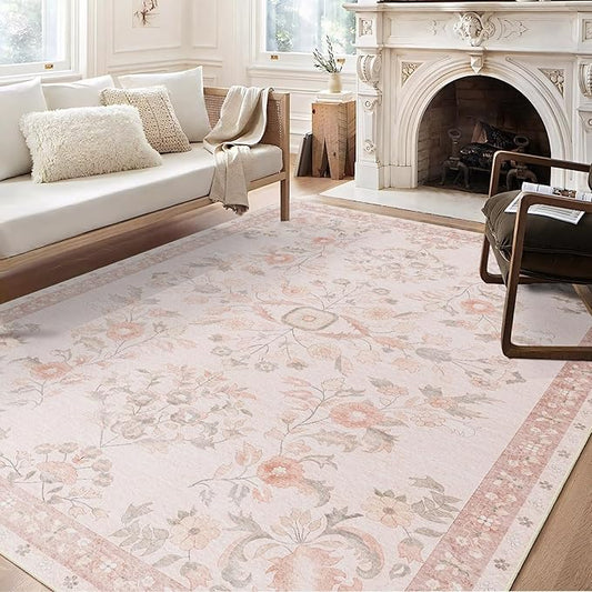 MUJOO 8x10 Area Rugs Washable,Large Floral Rugs for Living Room Bedroom Dining Room,Boho Indoor Floor Rug Non Slip Throw Carpet Low Pile Vintage Pink