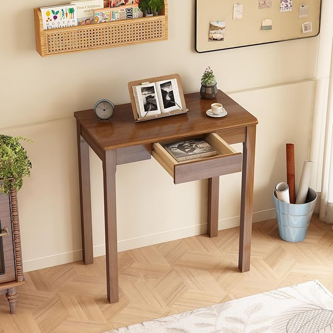Solid Wooden Desk with Drawers - 28 x 16 Inch Narrow Desks for Small Spaces, Rubberwood Simple Study Table, Small Writing Desk for Bedroom - Natural Boho Desks