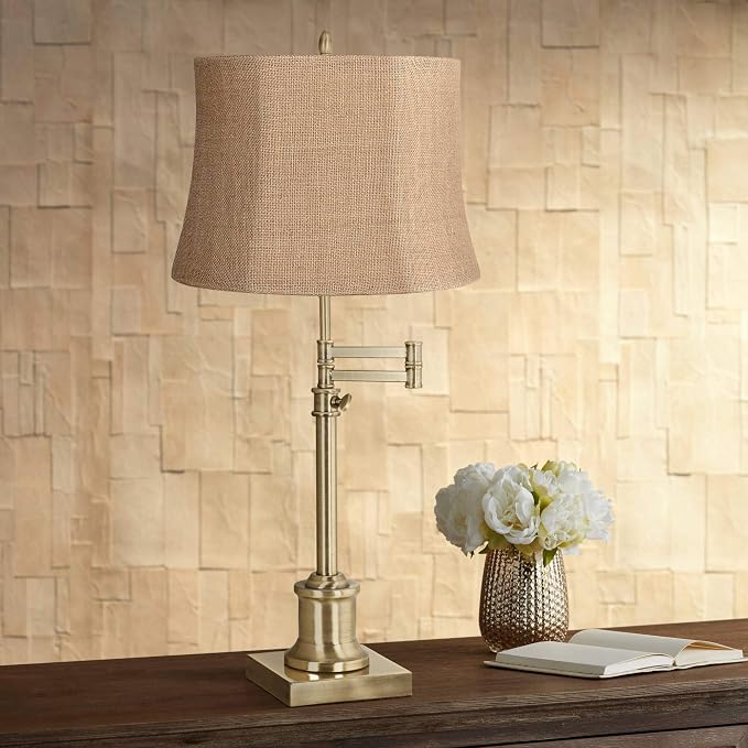 360 Lighting Westbury Traditional Swing Arm Desk Table Lamp Adjustable Height 36" Tall Antique Brass Natural Burlap Fabric Drum Shade for Living Room Bedroom House Bedside Nightstand Home