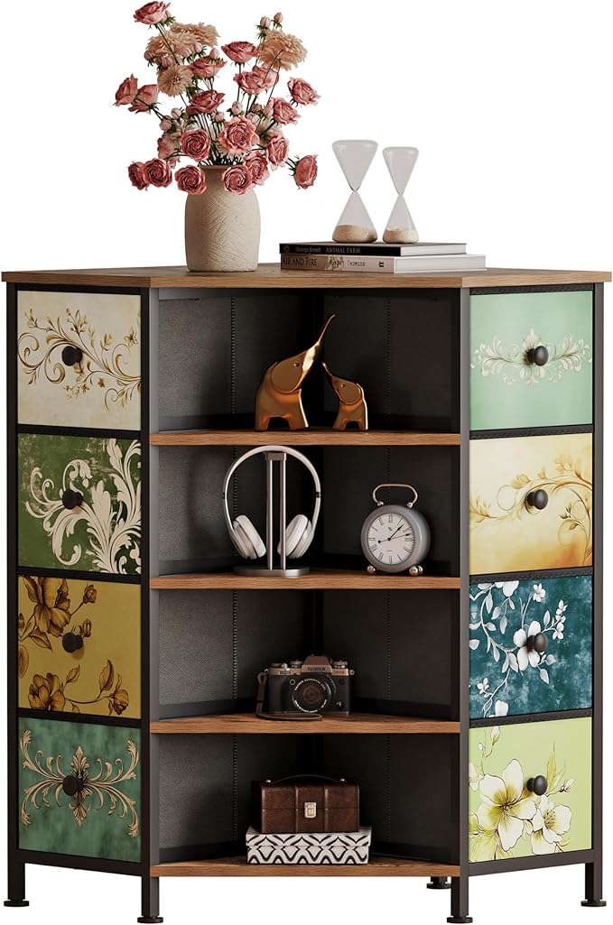 LUMTOK 8 Drawers Corner Dresser with Storage Fabric Drawers and Open Shelves for Small Space，Bedroom，Entryway，Living Room (Retro Pattern)