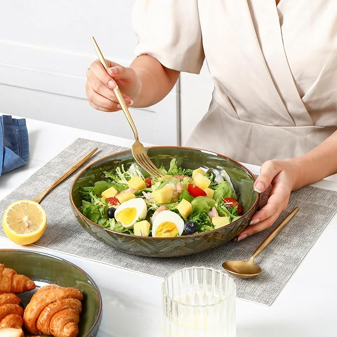 Sureasy 9.7" Pasta Bowls Set of 4-42 oz Large Salad Bowls for Kitchen, Embossed Ceramic Serving Bowls for Fruits, Soup, Pasta and Salad, Microwave & Dishwasher Safe, Green