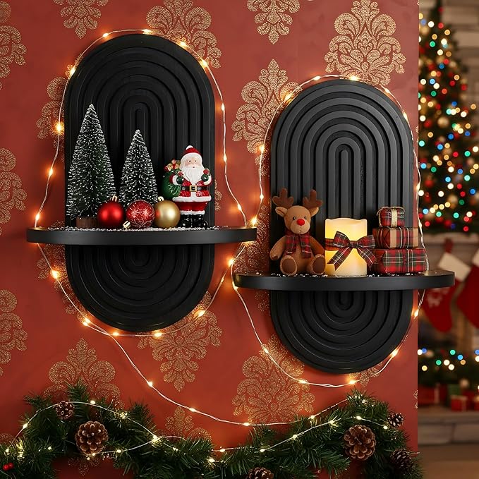 Set of 2 Boho Arched Floating Shelves 15.7”x 7.8”3D Wooden Hanging Shelf for Living Room Bedroom Nursery Mid Century Modern Wall Decor(Black, 11.7 * 15.7)