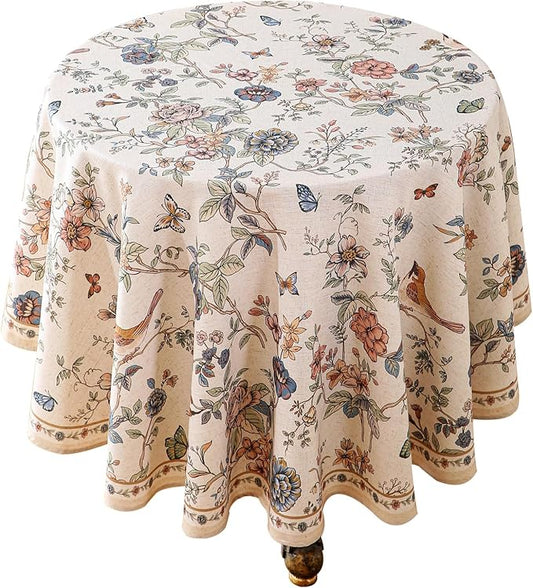 ISAENNE Designer French Light Beige Round Tablecloth,Linen Florals and Birds Pattern Table Cloth,Anti-Wrinkle Decorative Tablecloths for Dining Thanksgiving Kitchen,Diameter 67"-Cornucopia
