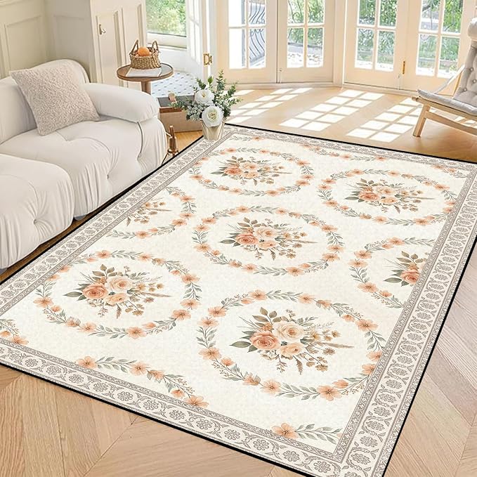 5'x7' Boho Floral Area Rug Vintage Peach Rose Carpet Non-Slip Washable Floor Mat Neutral Aesthetic Botanical Rug for Bedroom Living Room Nursery Kitchen Playroom Home Decor