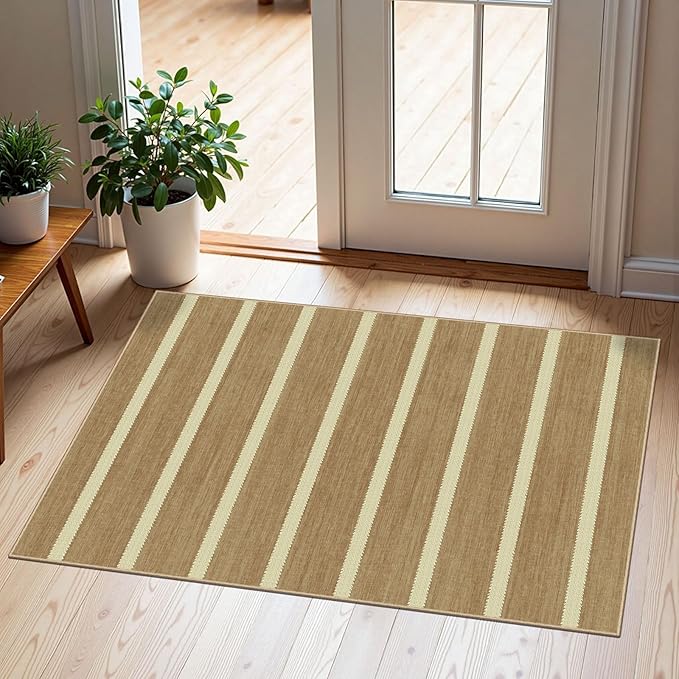 Front Door Rug - 2x3 Non-Slip Door Mat Washable Doormat Indoor Outdoor Entrance Tan Beige Striped Small Throw Rugs for Entryway Bedroom Laundry Room Kitchen Mat for Floor Front Porch Decor