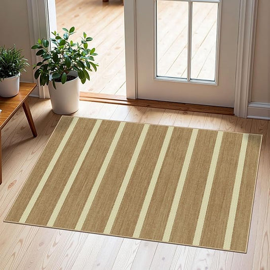 Front Door Rug - 2x3 Non-Slip Door Mat Washable Doormat Indoor Outdoor Entrance Tan Beige Striped Small Throw Rugs for Entryway Bedroom Laundry Room Kitchen Mat for Floor Front Porch Decor