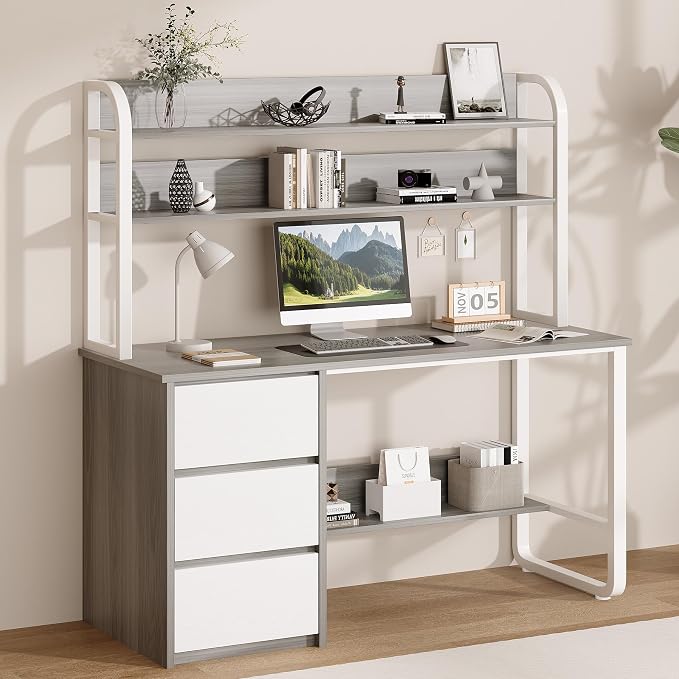 MaverickFurni Computer Desk with Hutch, 55 Inch Home Office Desk with Storage Drawers, Study Writing Desk with Shelves for Bedrrom, Adjustable Feet, Grey