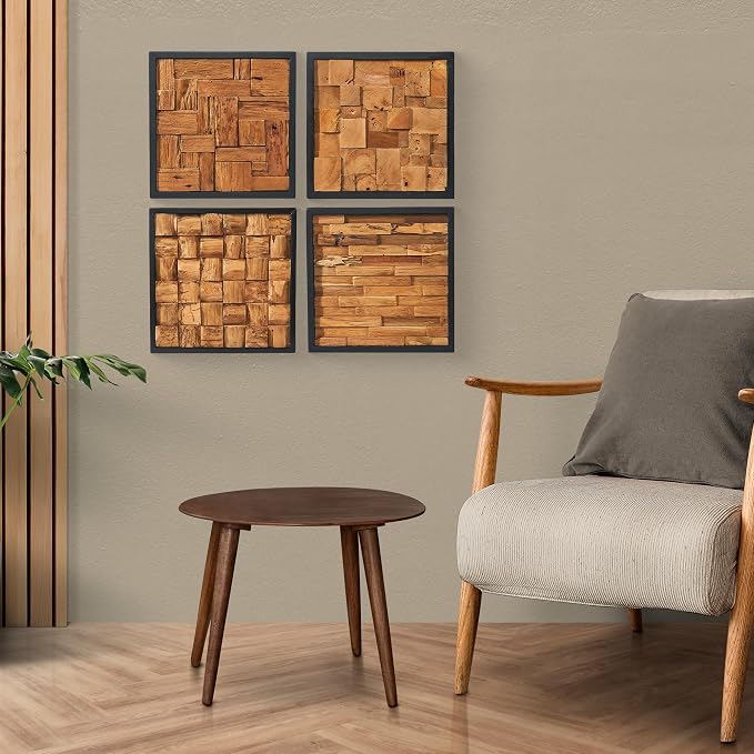 Greenage Reclaimed Teak Wood Wall Decor 17"x17" Farmhouse Simetris Square Wall Art Rustic Geometric Pattern Wall Hanging Decoration Wooden Frame Wall Panel for Home Living Room Bedroom