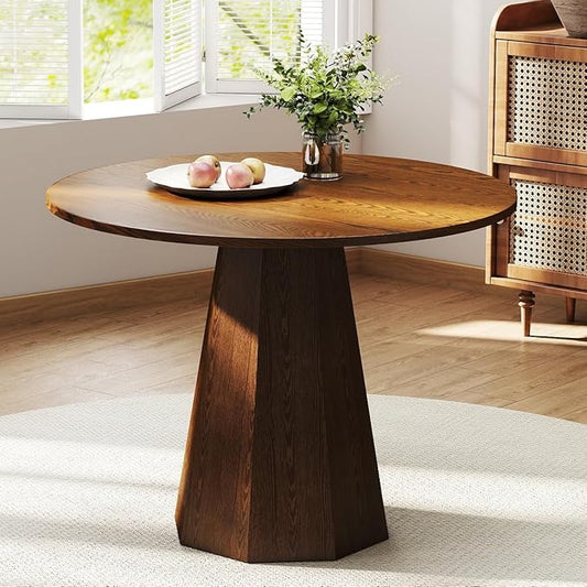 39” Round Solid Wood Dining Table for 4-5 People, Modern Pedestal Small Kitchen Table Circle Tabletop with Walnut Wood Grain Finish, Saving Space, Walnut