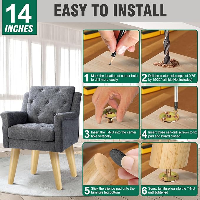 FoDau770 Rubber Wood Furniture Legs 14 Inches, 5/16" UNC Slant Tapered Wood Feet Mid Century Sofa Legs, Wooden Furniture Feet Replacement Parts for Cabinet Couch Dresser Chair Ottoman Table