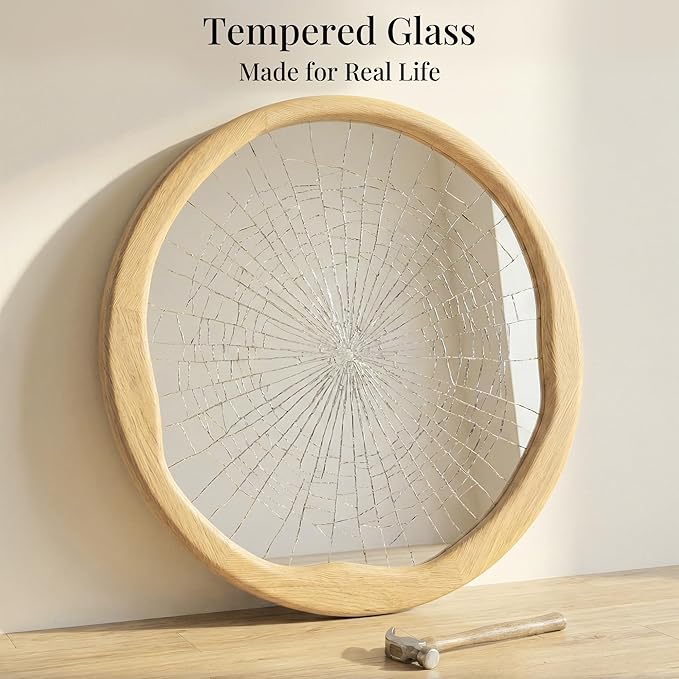 Round Wood Mirror 30 Inch, Large Asymmetrical Wavy Frame Wall Mirror for Entryway, Living Room, Solid Wood Irregular Circle Art Decor