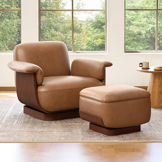 CHITA Genuine Leather Reclining Swivel Chair with Storage Ottoman, Modern Living Room Accent Chair with Lounge Seat for Bedroom, Office, Saddle