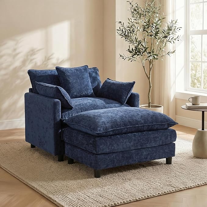 GRAVFORCE Oversized Chair with Ottoman, Comfy Upholstered Chaise Lounge Chair, Accent Indoor Reading Chairs for Living Room, Bedroom (Blue)